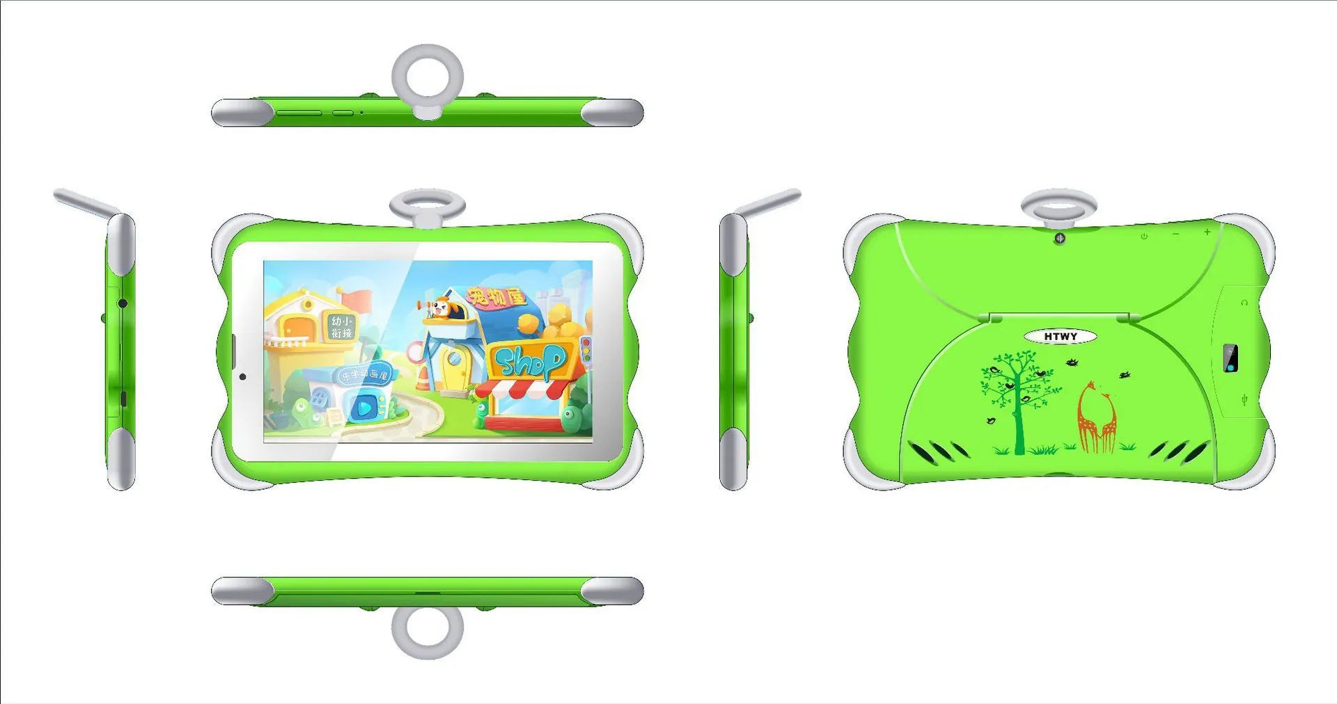 7-inch children's learning tablet in cartoon colours, shown with its foldable stand open, on a table.
