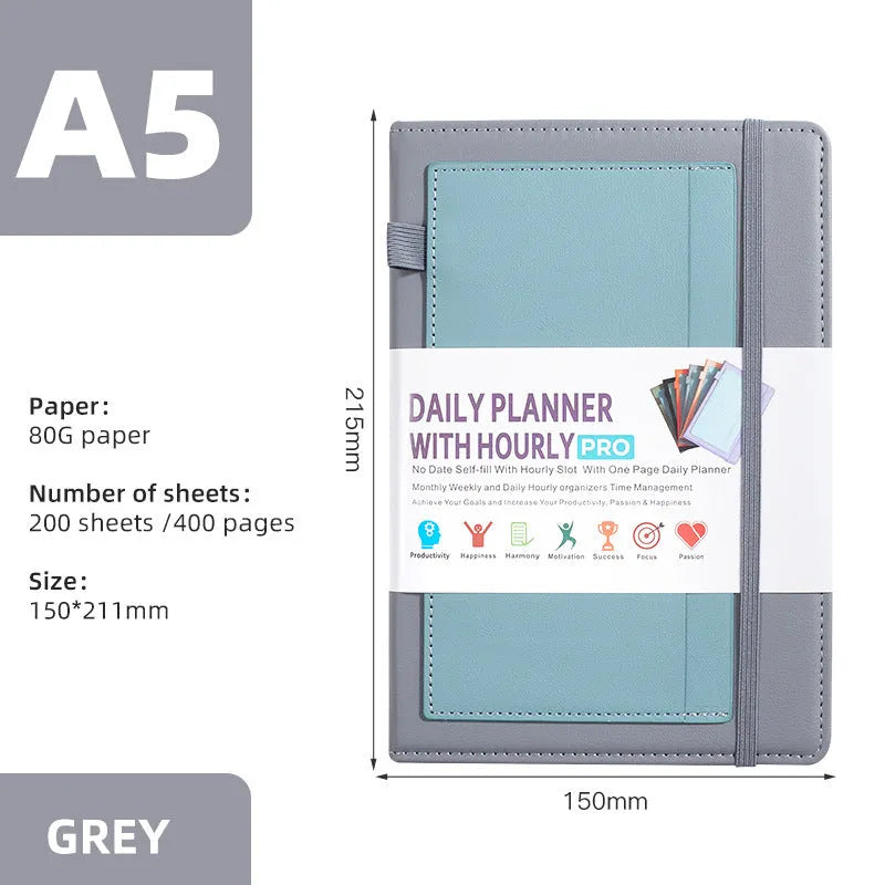 A5 undated notebook with PU cover in purple, open to show thread binding and wood-free paper.