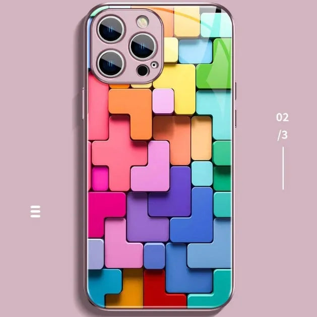 Colourful cartoon geometric design silicone back cover case for iPhone 14 Pro Max on a table.