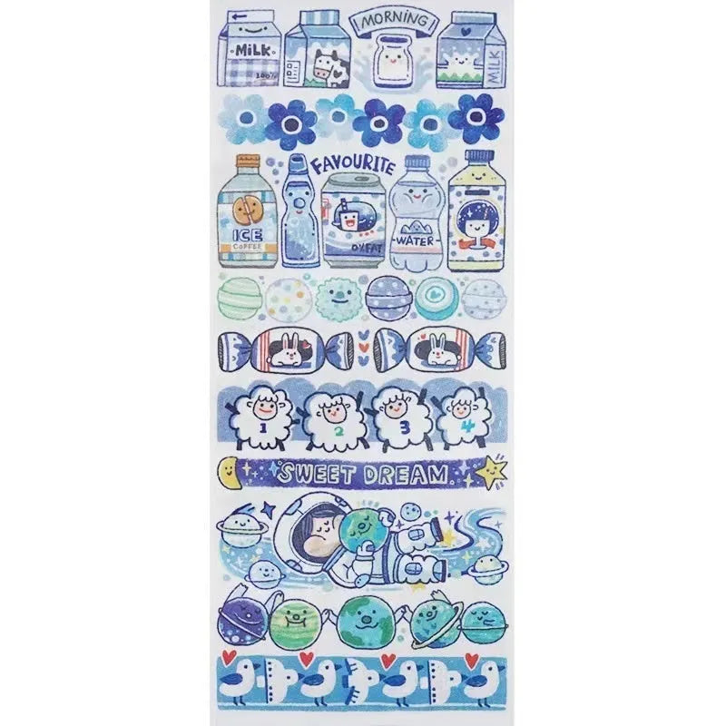 Sheet of cute cartoon character stickers on Japanese paper for haemorrhoid tape packaging and planners.