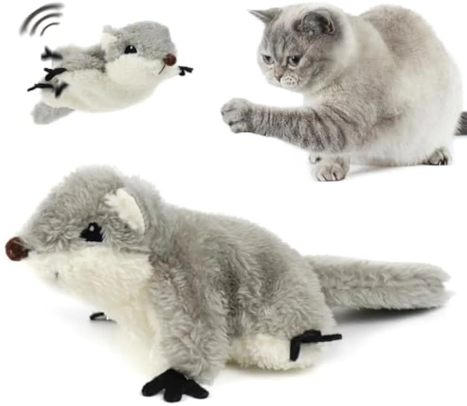 Grey flapping squirrel cat toy with USB charging cable and motion sensor activation