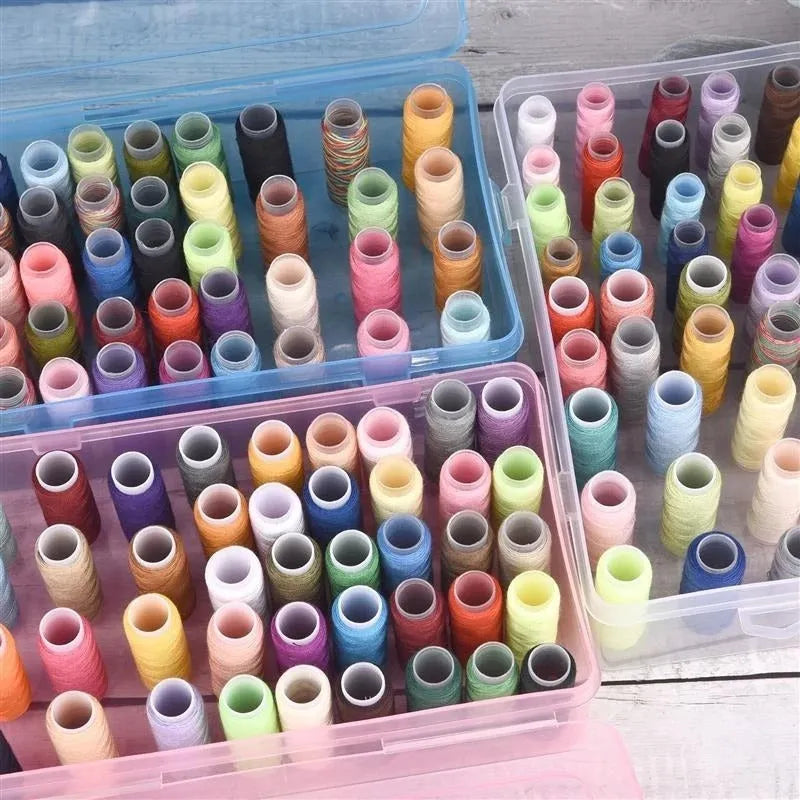 42-compartment plastic embroidery storage box in transparent, pink, or blue colour showing organised thread compartments