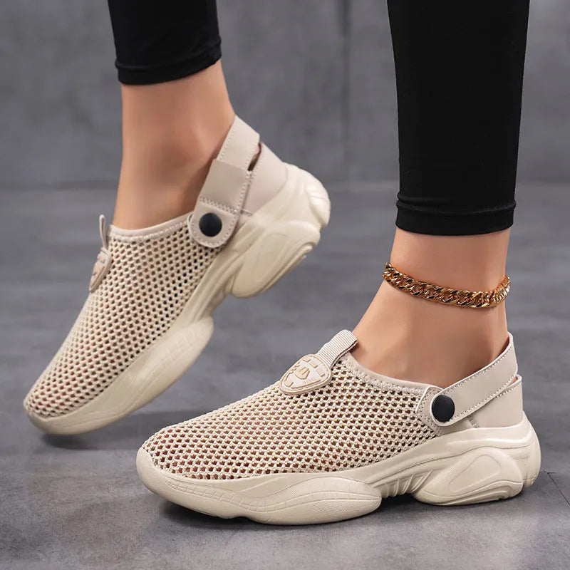 Women's Flyknit sports sandals in beige colour showing round toe holder and breathable upper construction