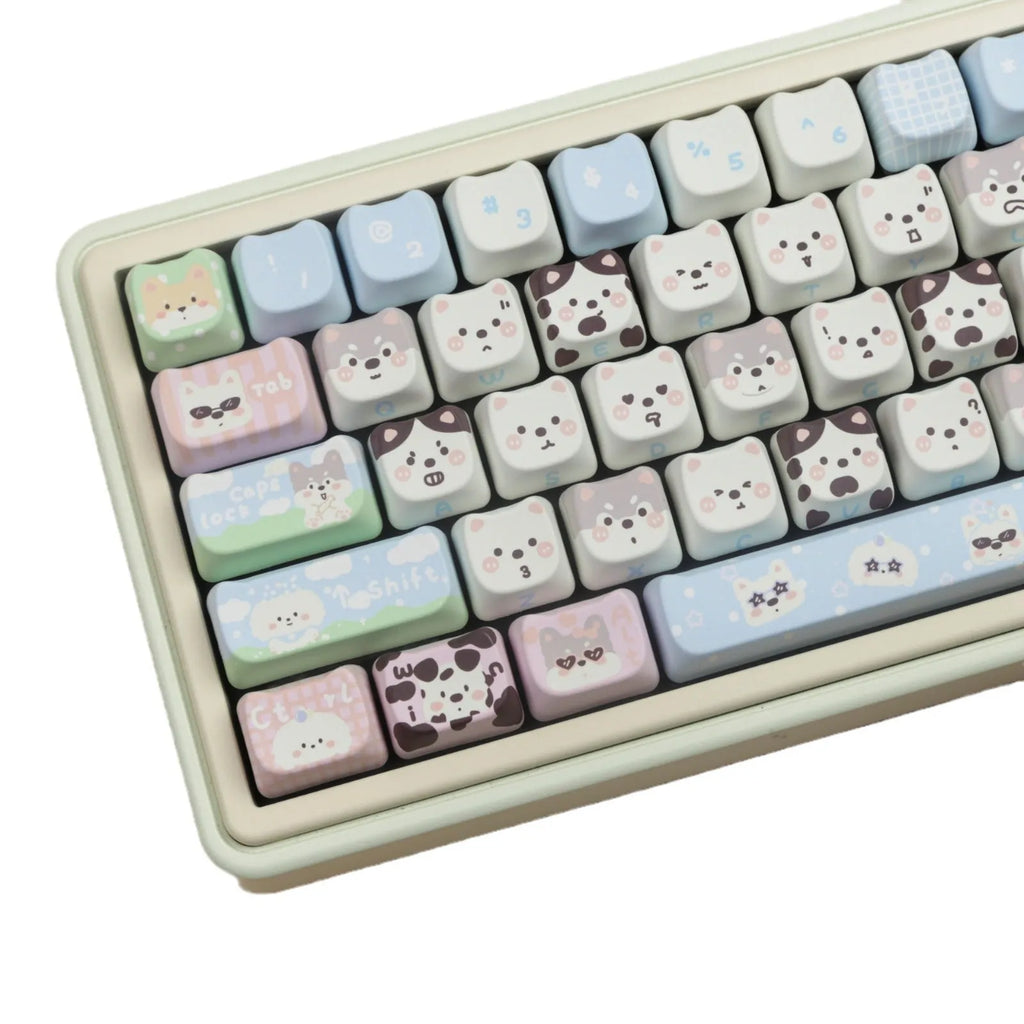 Full set of PBT key caps for mechanical keyboards with colourful cat and puppy sublimation designs.