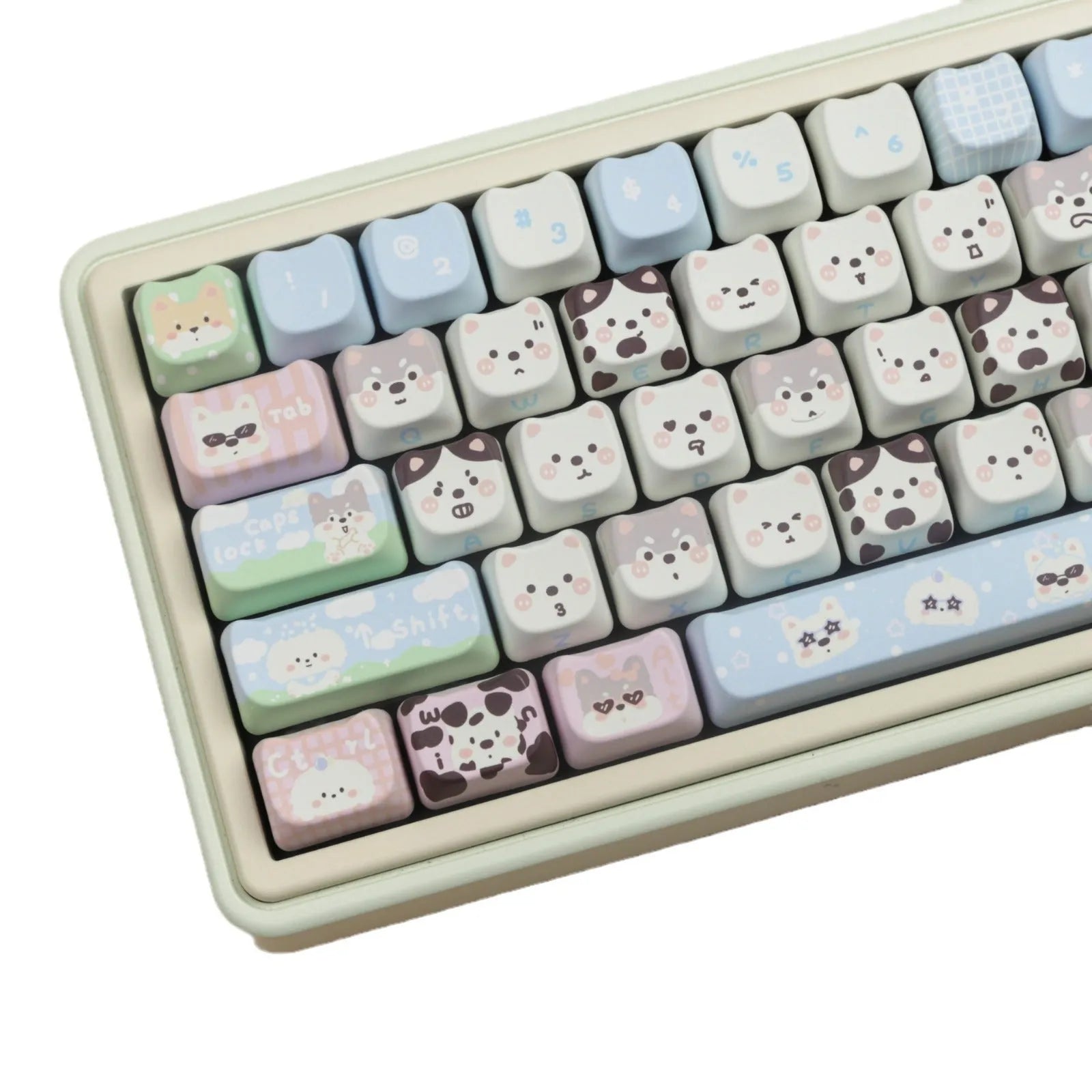 Full set of PBT key caps for mechanical keyboards with colourful cat and puppy sublimation designs.