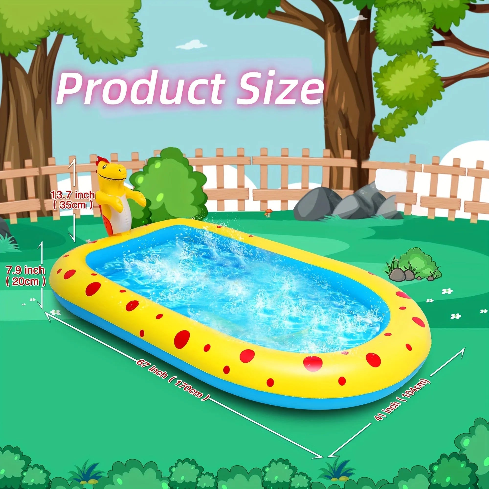 Blue and yellow inflatable dinosaur and shark themed water spray pool for kids in a garden.