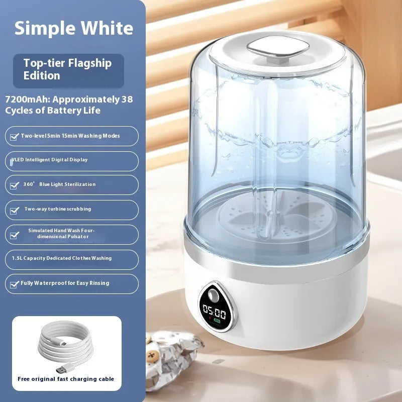 White portable mini washing machine with USB cable on a countertop