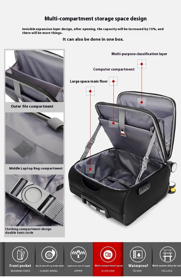 Black 18 inch Oxford cloth business suitcase with retractable handle and universal wheels.