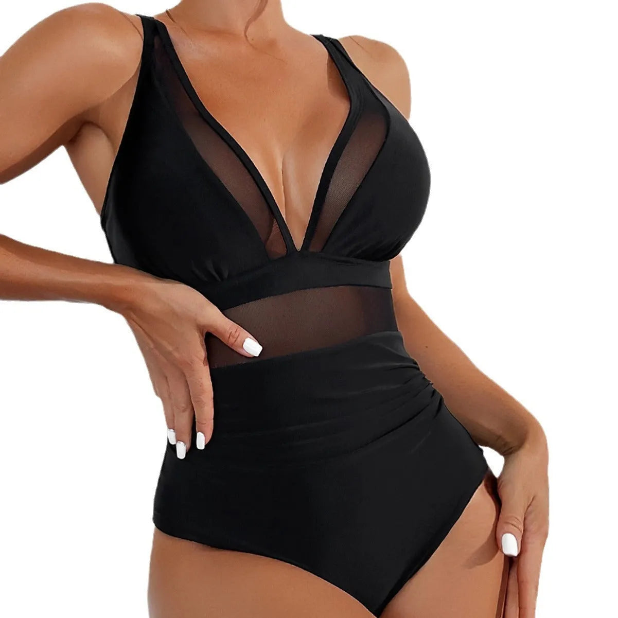 Black mesh halter bikini one-piece swimsuit for women with sleeveless design