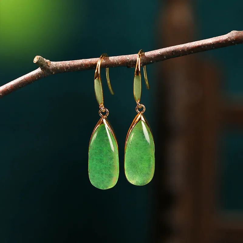 Geometric Chinese style earrings with water droplet design in jade colour