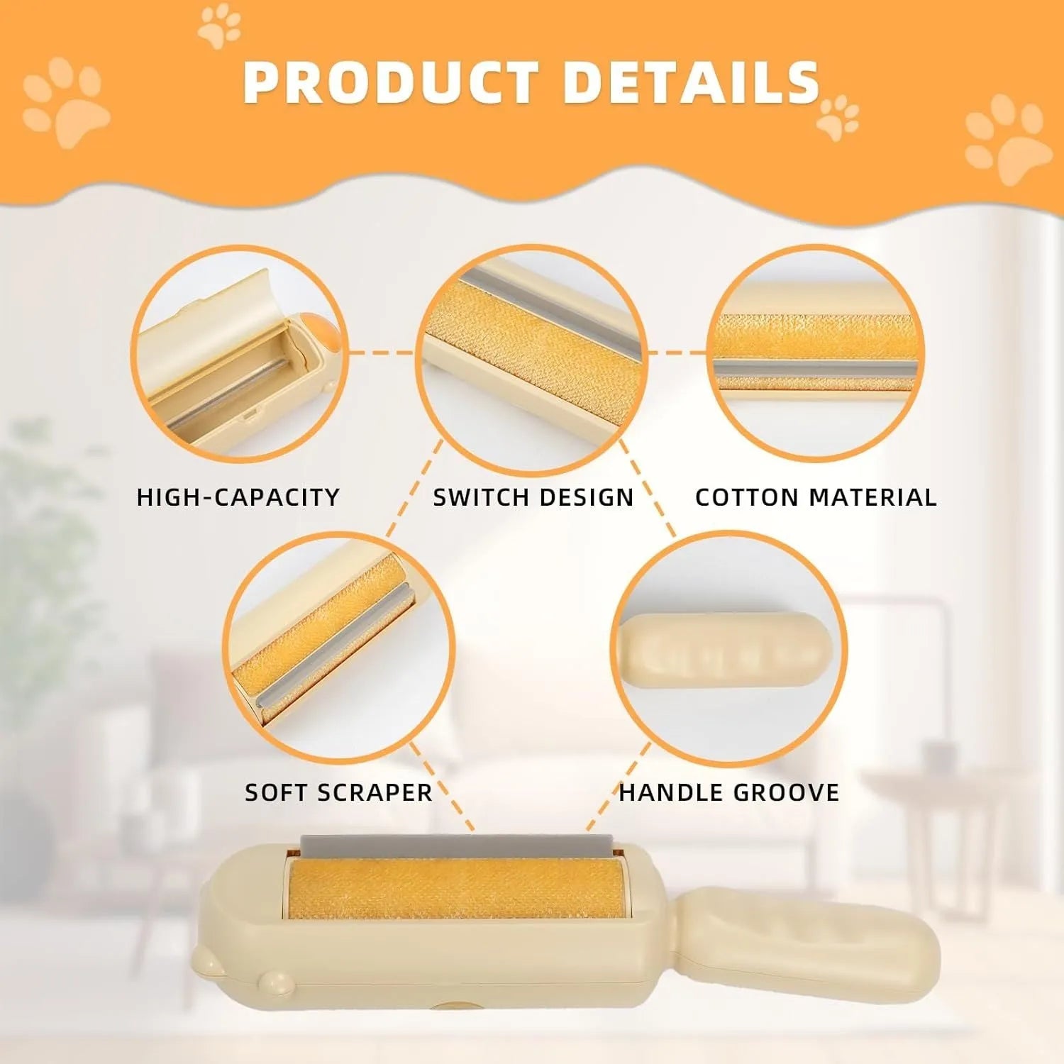 Blue reusable pet hair remover roller with a self-cleaning base on a fabric sofa.