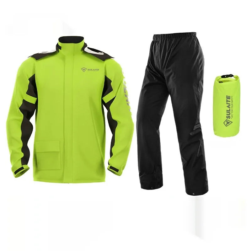 Motorcycle rider wearing a black split-style raincoat and rain pants suit for waterproof protection.
