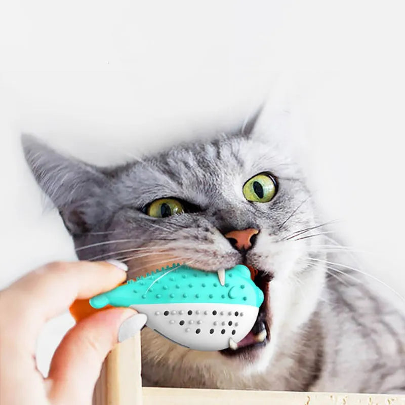 Blue silicone fish-shaped cat chew toy with measurements 12.2 x 4.9 x 5.8 cm