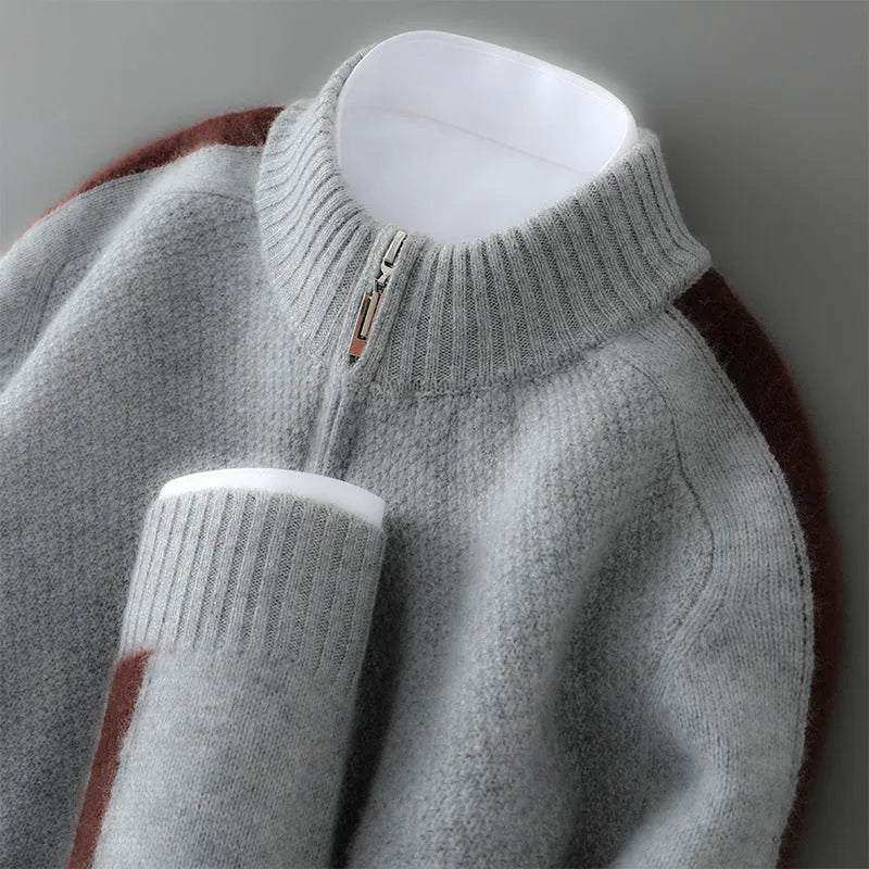 Slim fit half-zip wool knitted sweater in grey shown on a model.