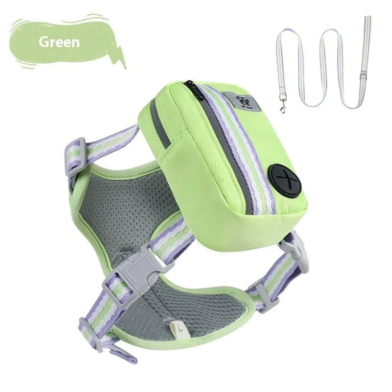 Green explosion-proof anti-strangulation pet safety harness vest with lead on a white background.