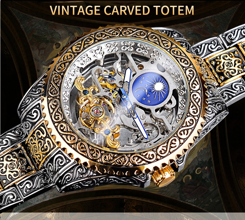 Yellow Forsining skeleton tourbillon mechanical watch with stainless steel band on wrist