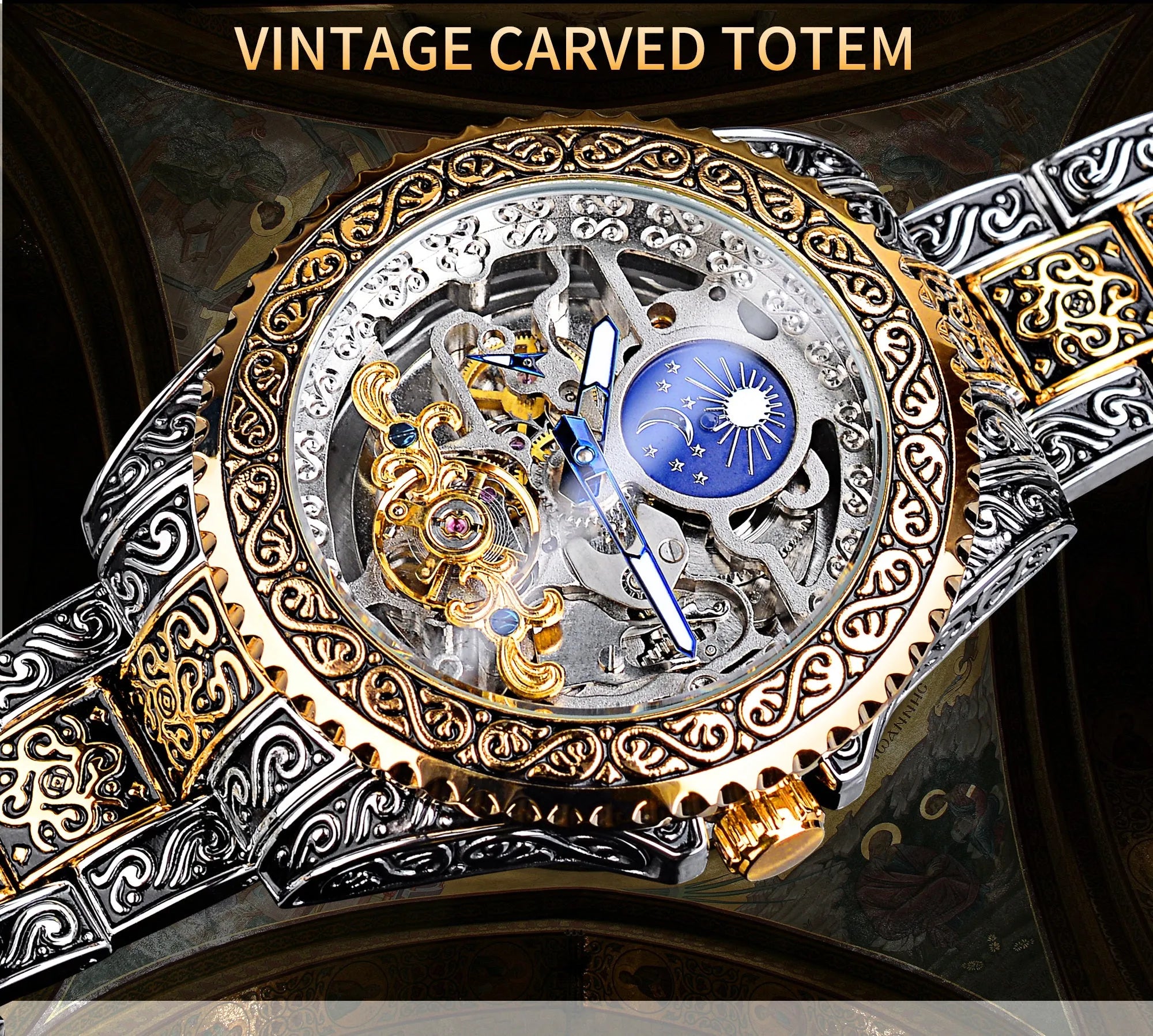 Yellow Forsining skeleton tourbillon mechanical watch with stainless steel band on wrist