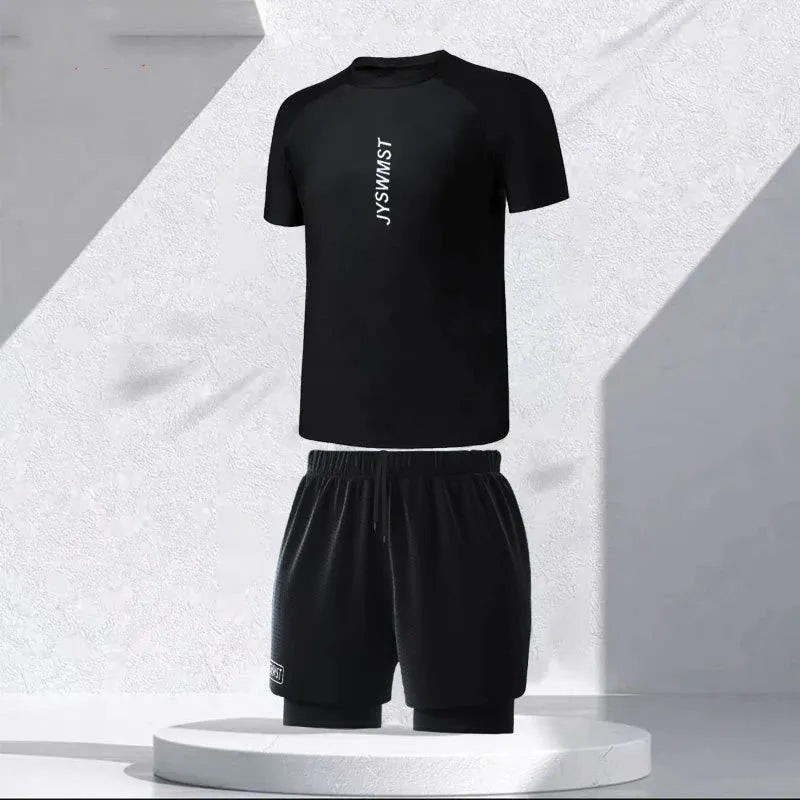 Men's polyester swimsuit set with matching top and trousers in multiple colour options