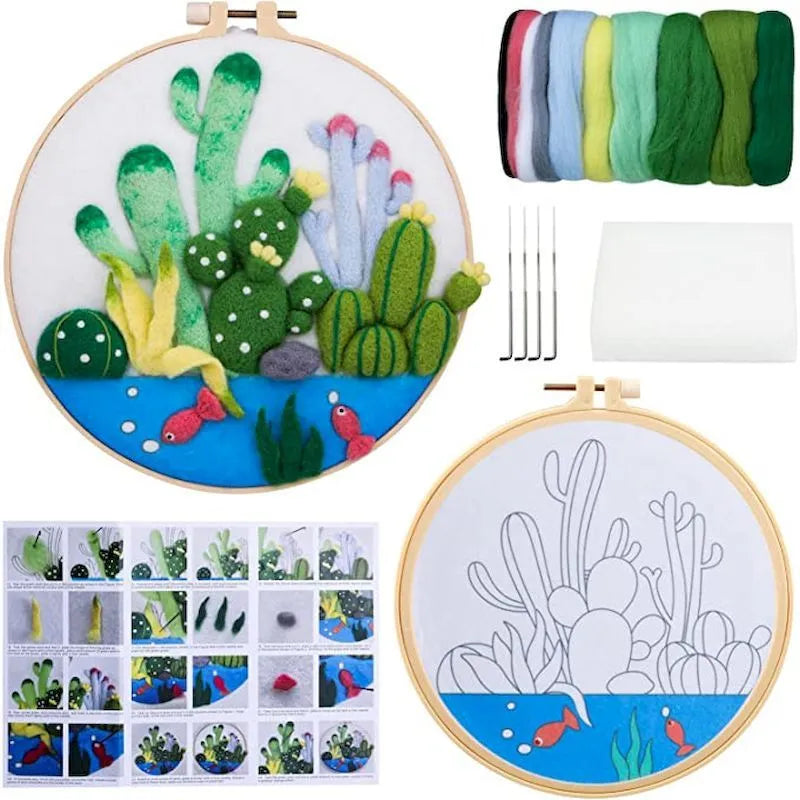 Round linen embroidery kit with wool felt materials for three-dimensional floral design