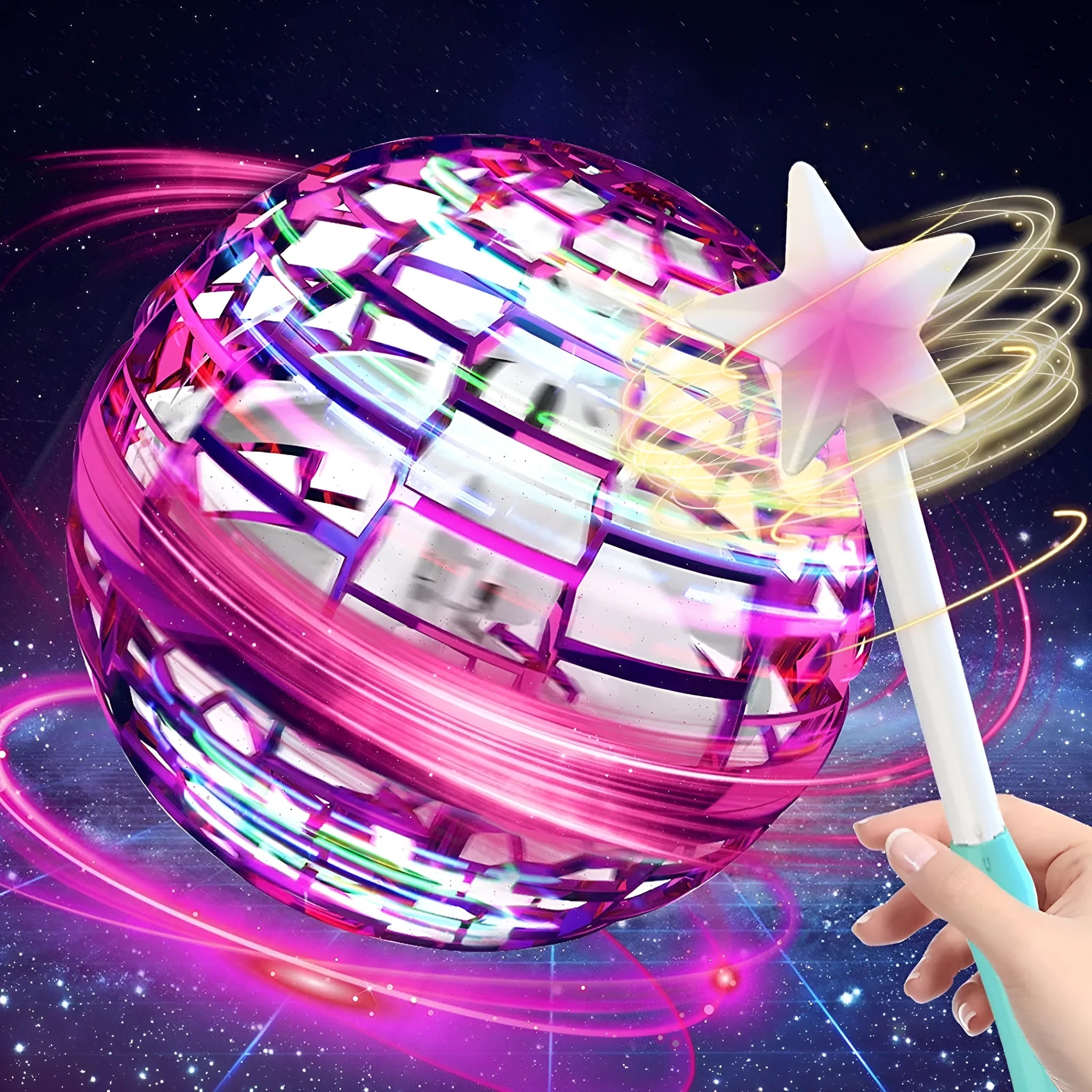 Blue spinning flying ball toy with LED lights hovering above a child's hand next to a magic wand.