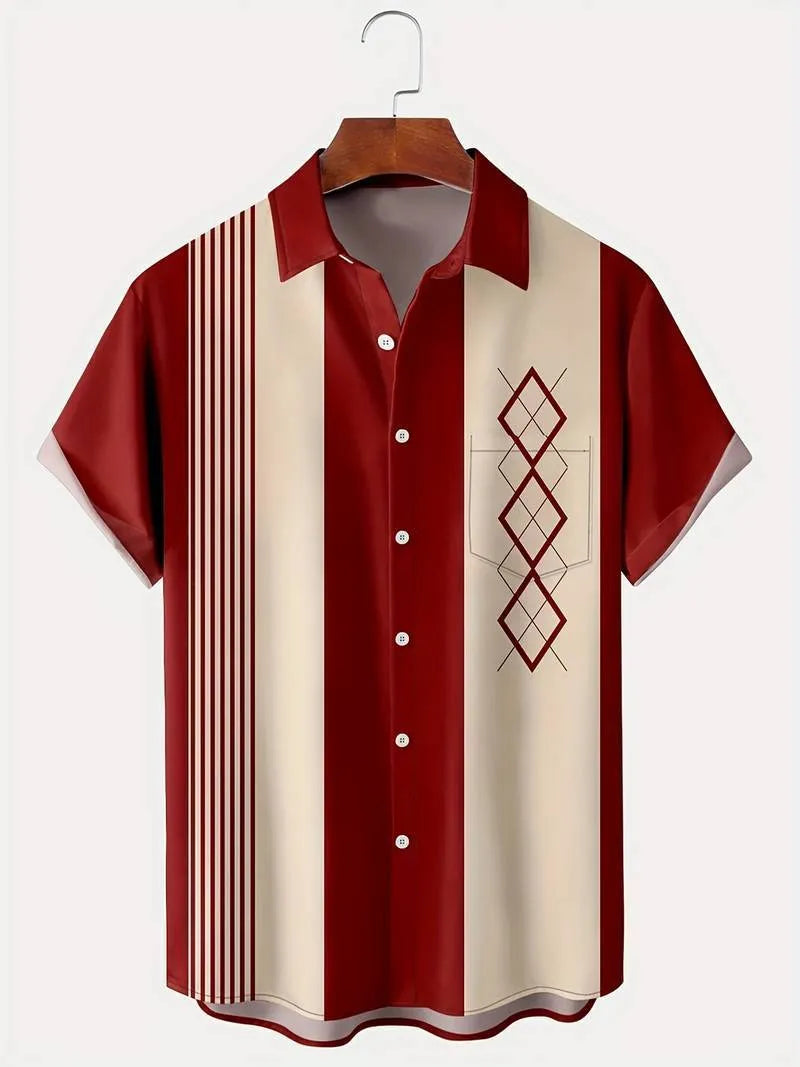 Men's plaid short-sleeve shirt cardigan with lapel collar showing elastic fabric detail