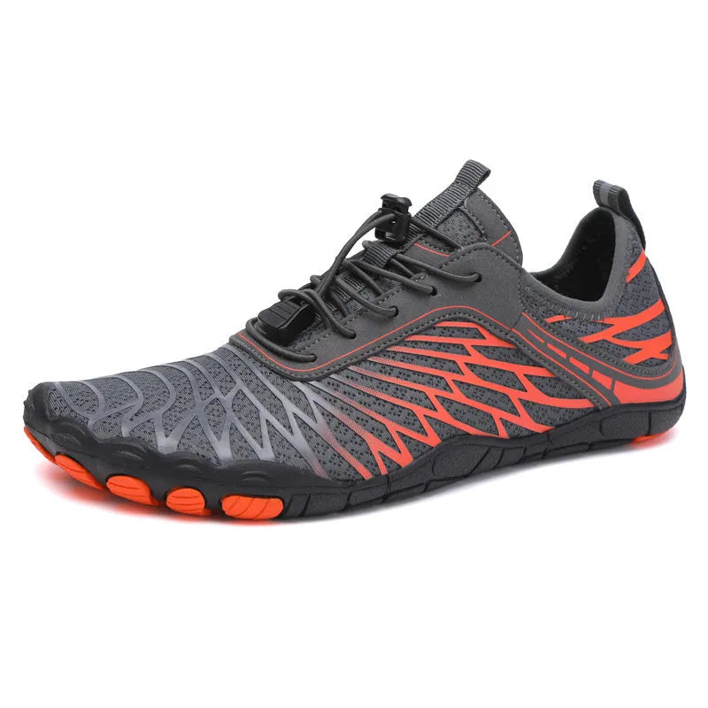 White and pink lace-up sports shoes with a breathable gauze lining and textured rubber outsole.