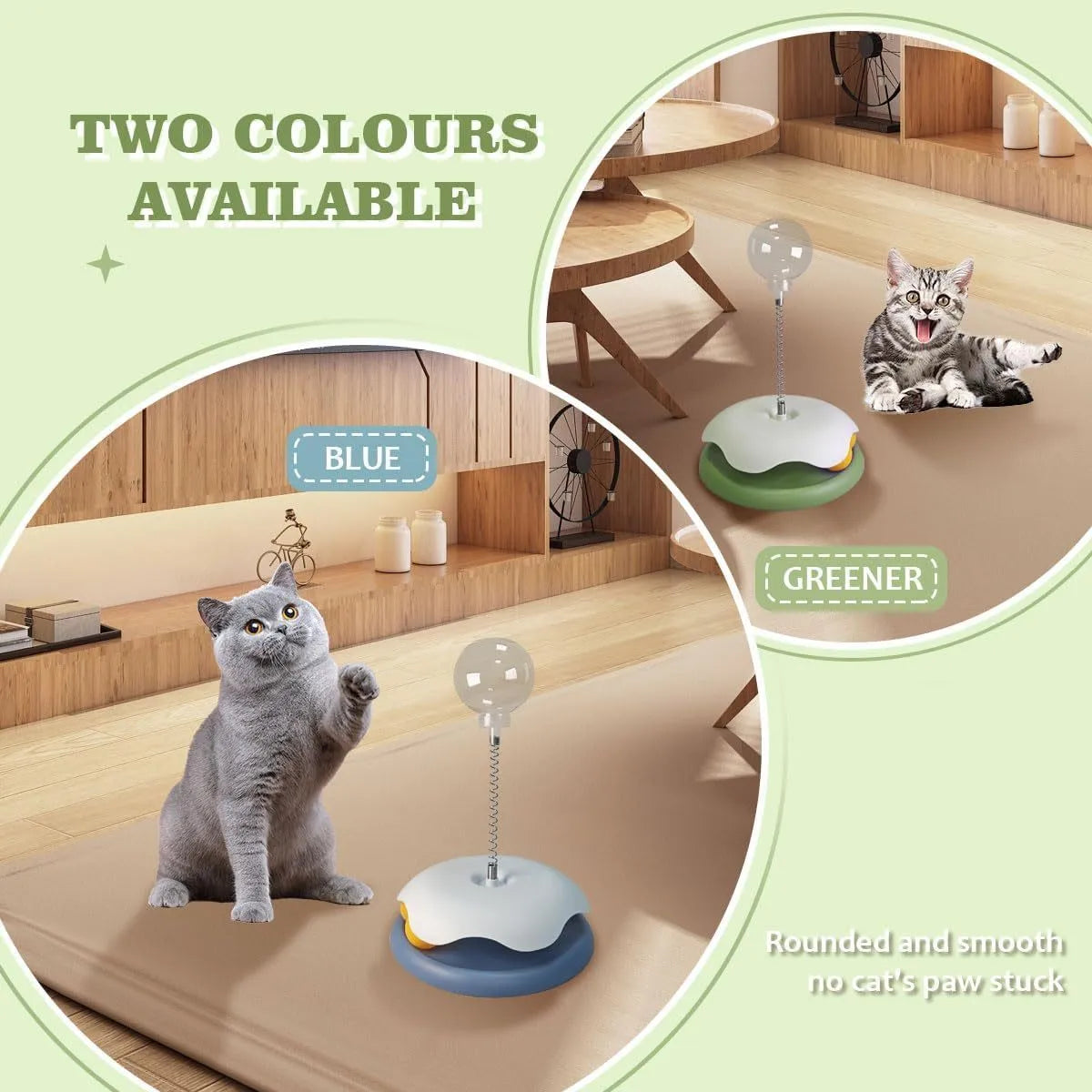 Blue cat treat dispenser toy with track ball design for slow feeding and entertainment