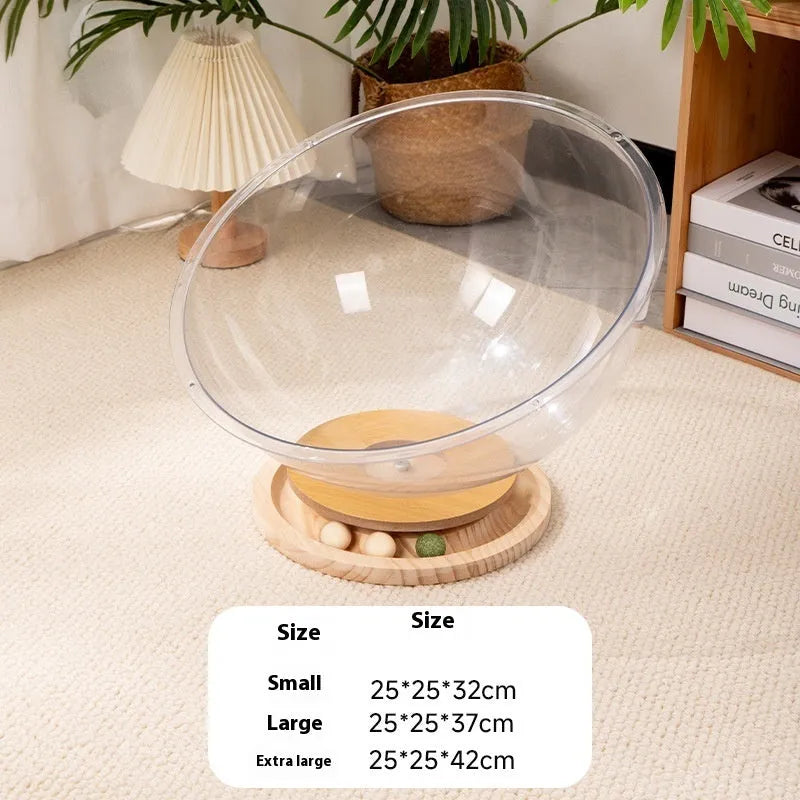 Transparent acrylic cat space capsule turntable bed with visible interior structure