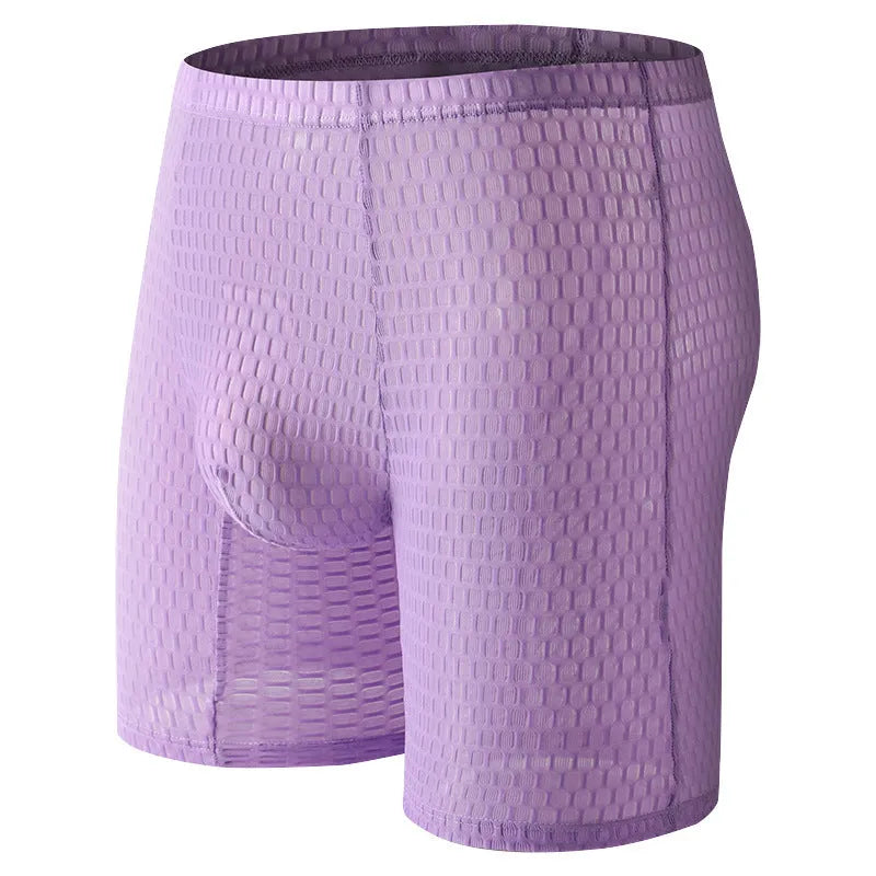 Men's lace boxer briefs in rose red colour showing shaping design on a mannequin.