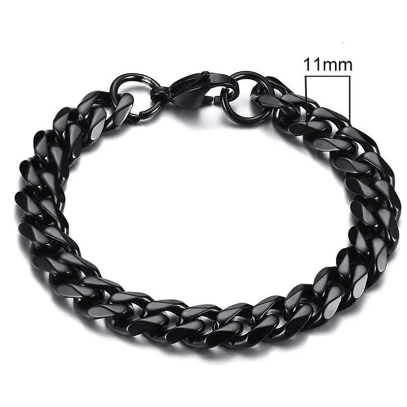 Six-sided Cuban link chain metal bracelet shown in gold, black and steel colour finishes with different width options.