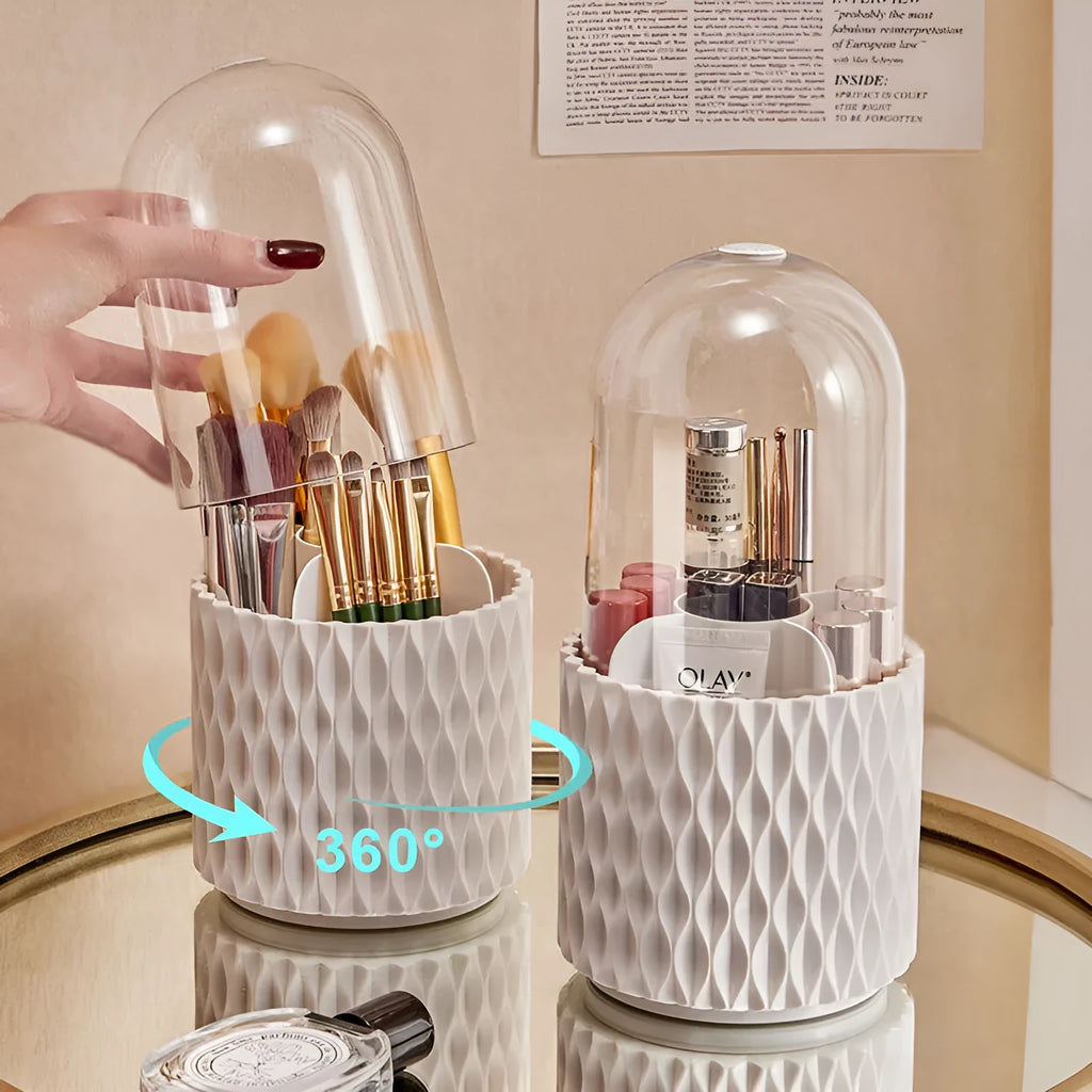 White transparent acrylic makeup brush storage box with rotating base and dustproof lid