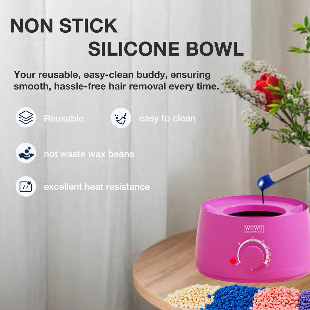 Professional waxing kit with black wax warmer, pots of hard wax beans, applicator sticks and post-care products on a pink background.