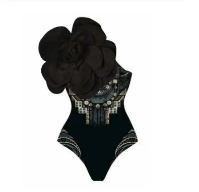 One-piece swimsuit with raised three-dimensional floral pattern in a solid colour, showing a tight European/American style fit.