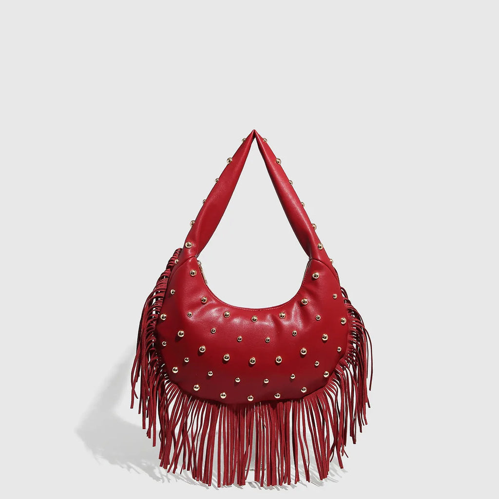 Retro personalised tassel shoulder handbag in black or wine red with internal phone pocket