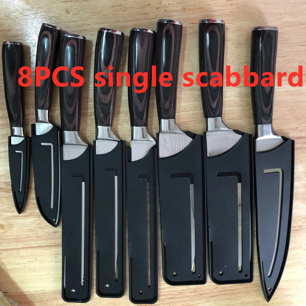 Kitchen chef knife with laser Damascus pattern on 7CR17 stainless steel blade and colour steel handle