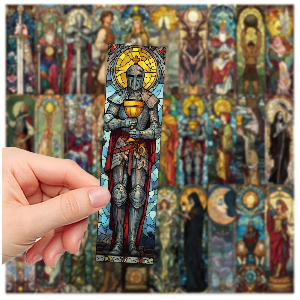 Set of 30 tarot card bookmarks with painted glass artwork designs on paper