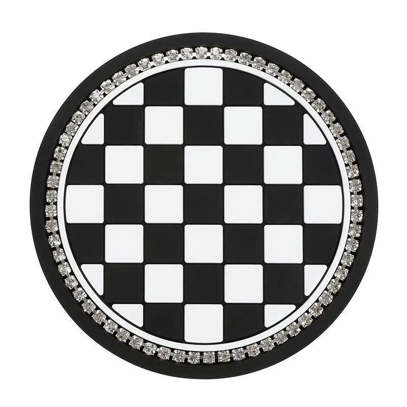 PVC car cup holder mat with non-slip base in black and white checkerboard pattern