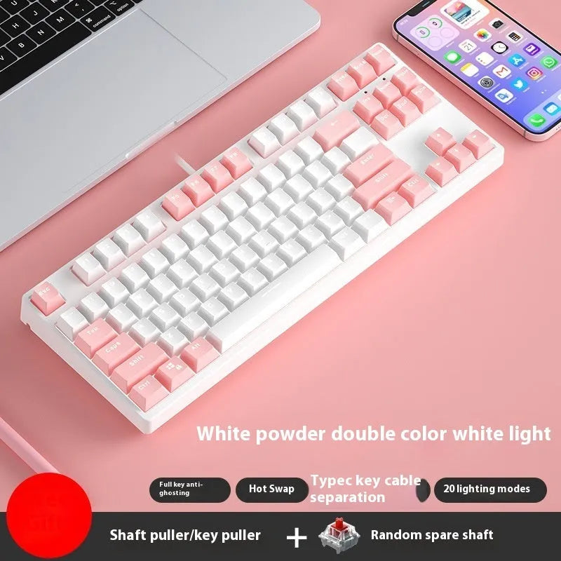 87-key wired mechanical gaming keyboard with hot-swappable switches shown in a two-tone colour scheme on a metal chassis.