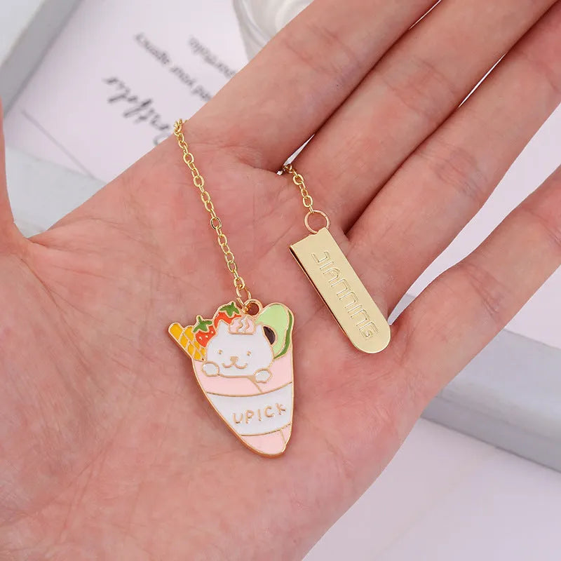 Jane Key Foodie cute pet cat metal bookmark with cartoon pendant in one of four designs, size 3.8cm by 18.3cm.