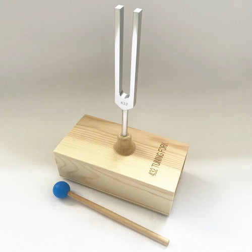 Aluminium alloy 432Hz tuning fork and portable speaker set in kraft paper box.