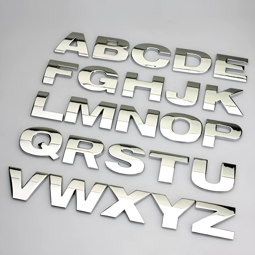 3D metal car bumper sticker showing zinc alloy English letter with black finish, approximately 2.5cm in size