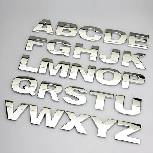 3D metal car bumper sticker showing zinc alloy English letter with black finish, approximately 2.5cm in size