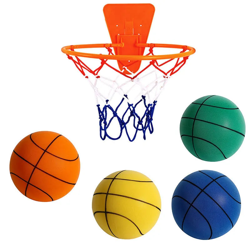 Assorted bright coloured silent high-density foam basketballs in different sizes with a basketball frame.