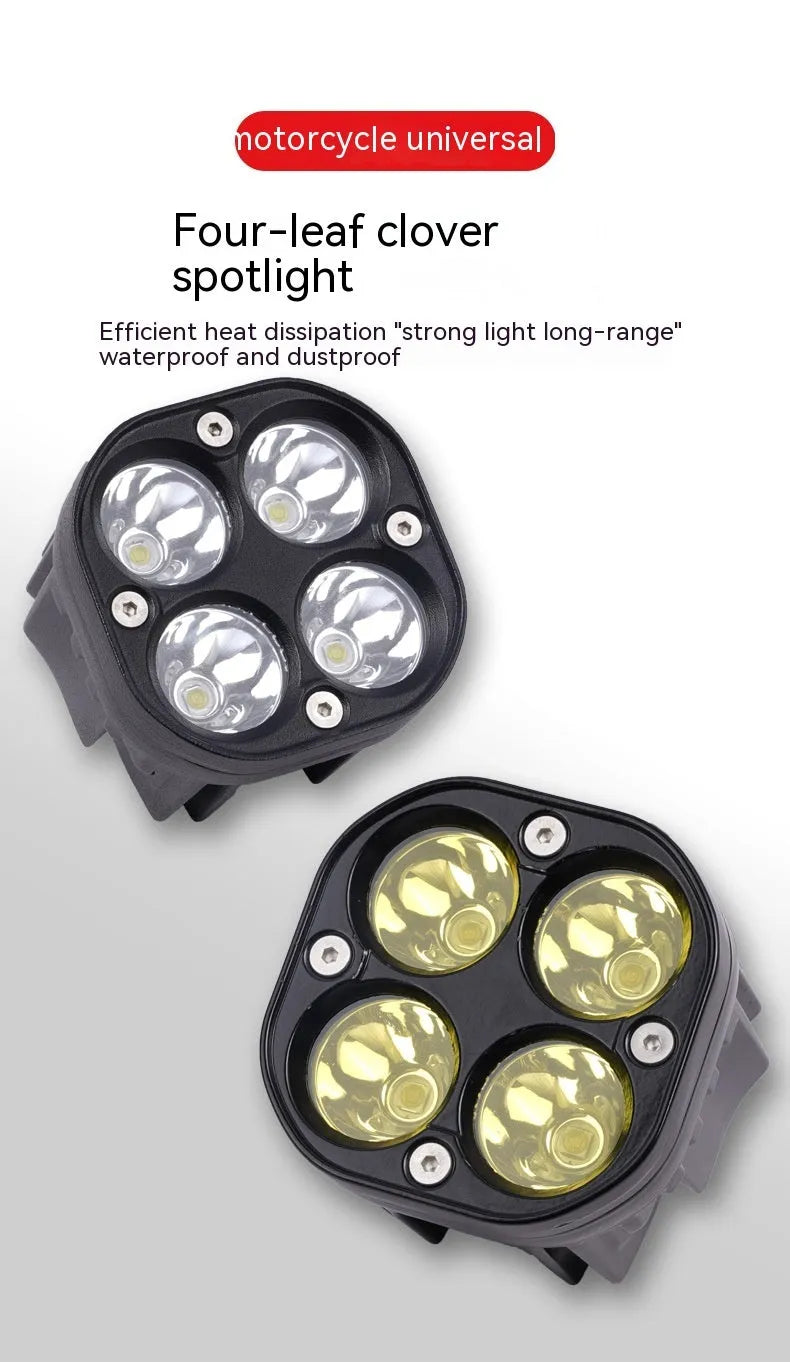 Four-eye vehicle headlight modification kit with aluminium base plate showing white and yellow light options