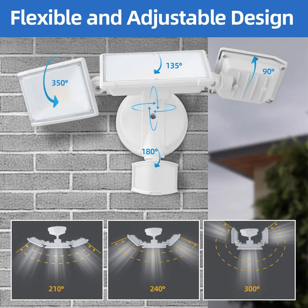 White LED security flood light with motion sensor mounted on exterior wall