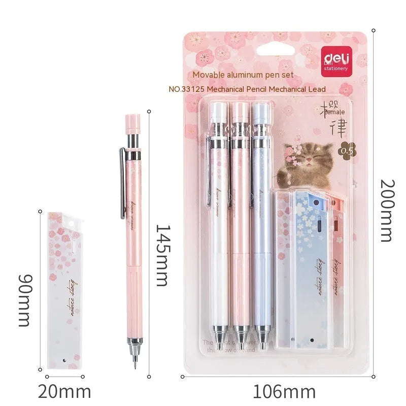 Set of three colourful cartoon-style 0.5mm automatic pencils with boxes of HB refills.