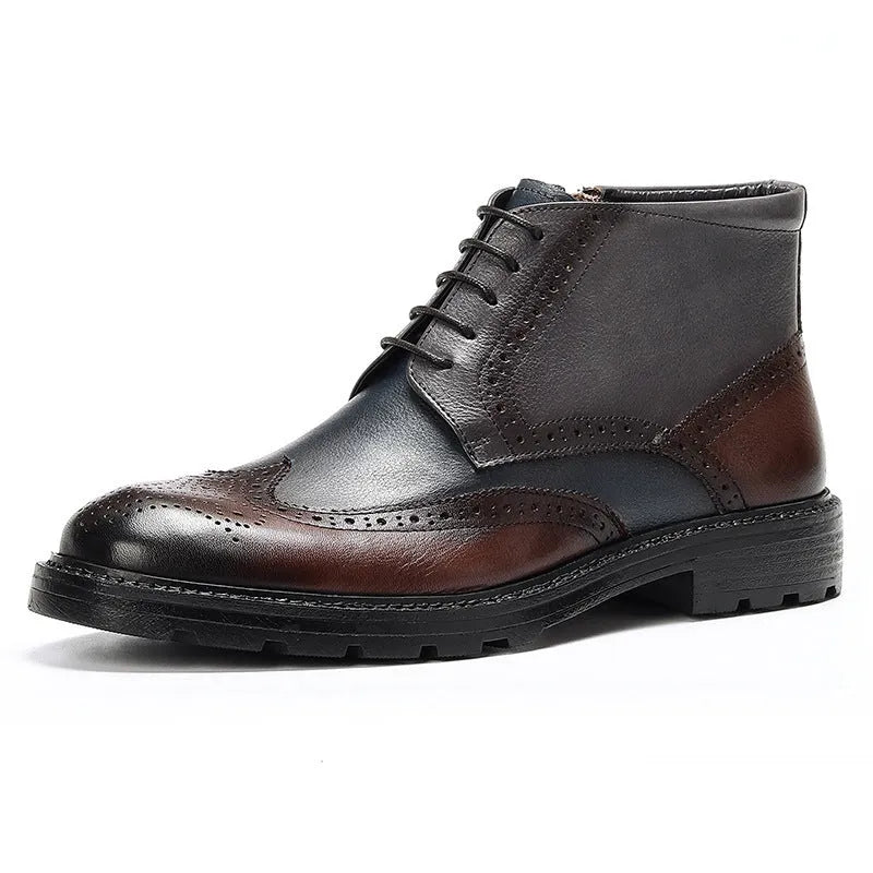Men's coffee blue leather brogue ankle boots with vintage colour-blocking and decorative stitching.