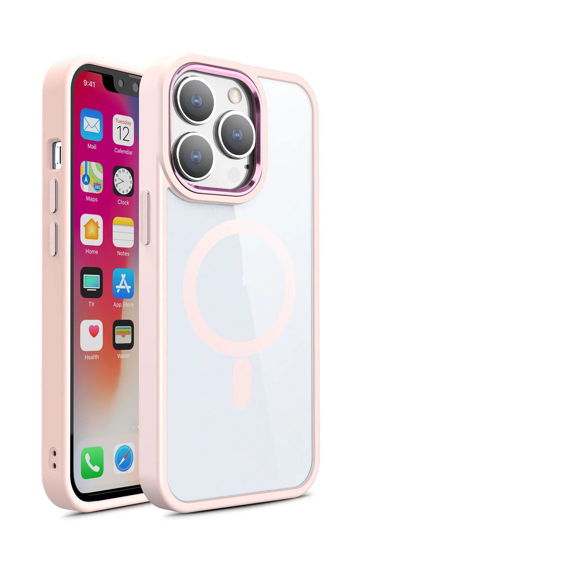 Magnetic transparent silicone phone case for iPhone in solid colours like black, blue, green, pink, and red.