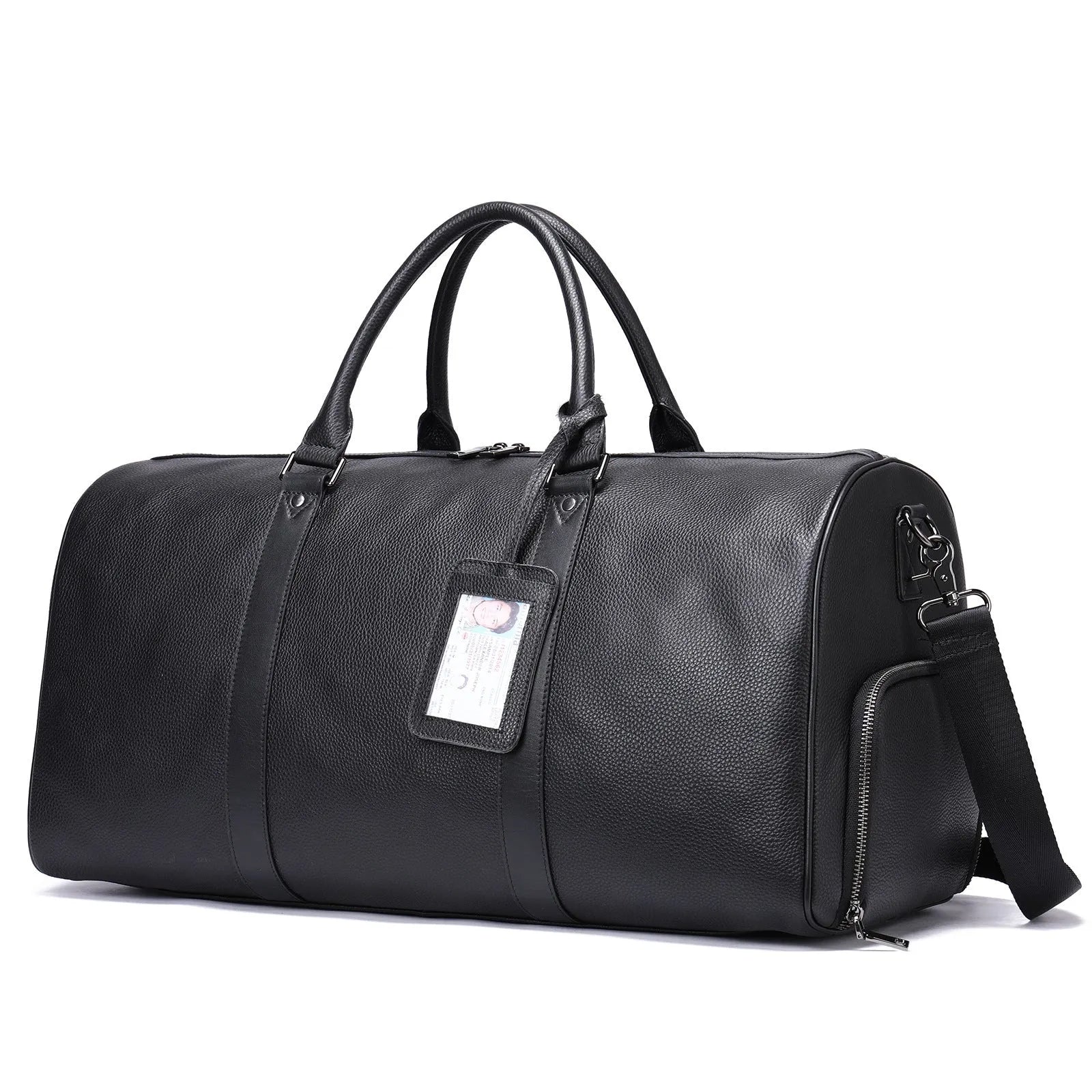 Men's leather tote bag in black and coffee colours showing 44cm and 55cm size options