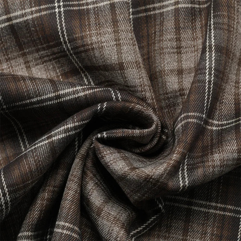 Men's black and brown plaid short sleeve shirt with embroidered letters and lapel collar
